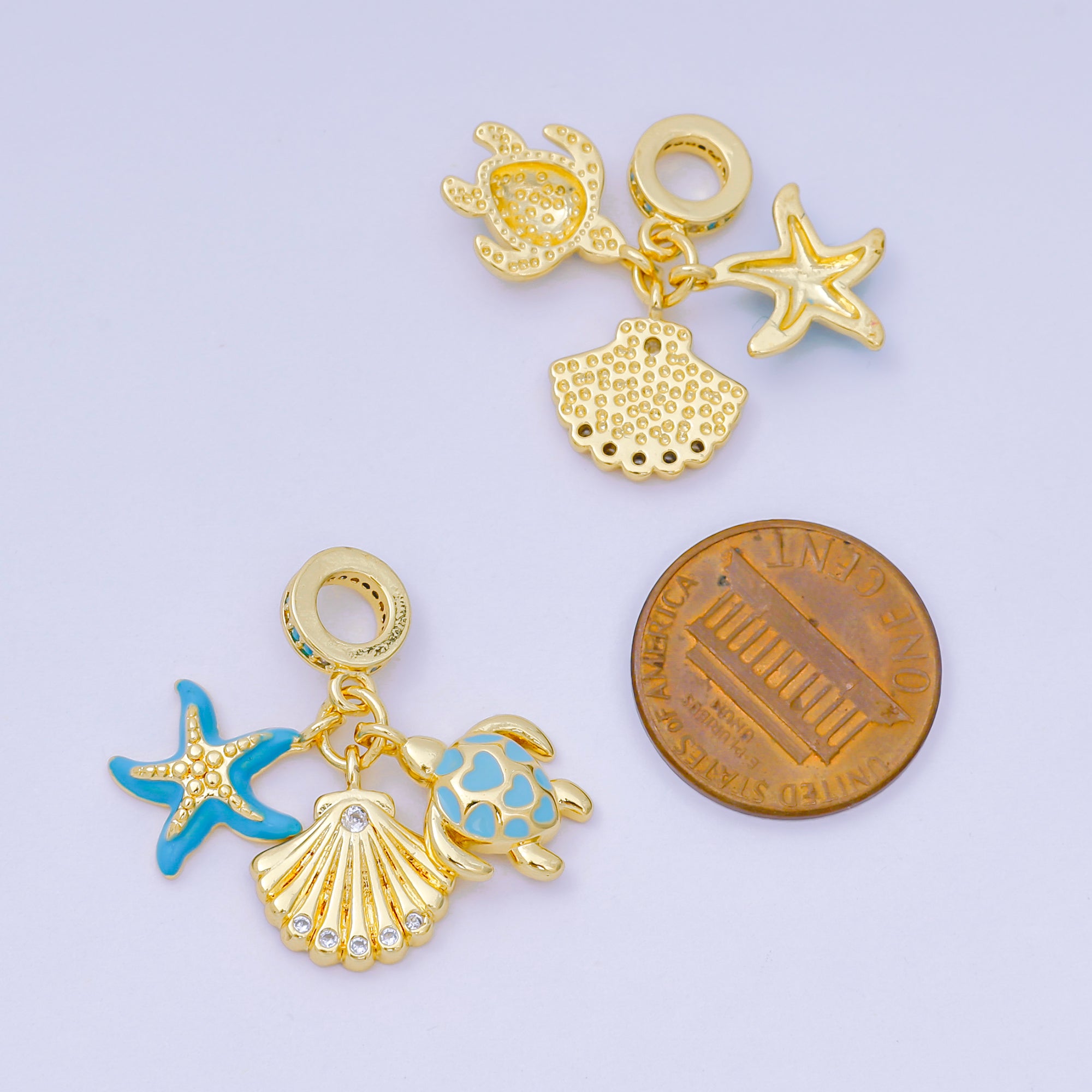 24K Gold Filled 13.5mm Micro Paved CZ Enamel Art Ocean's Life Set Charm in Turtle, Starfish, & Clam Shell Rhondelle Drop Pendant| D-863
