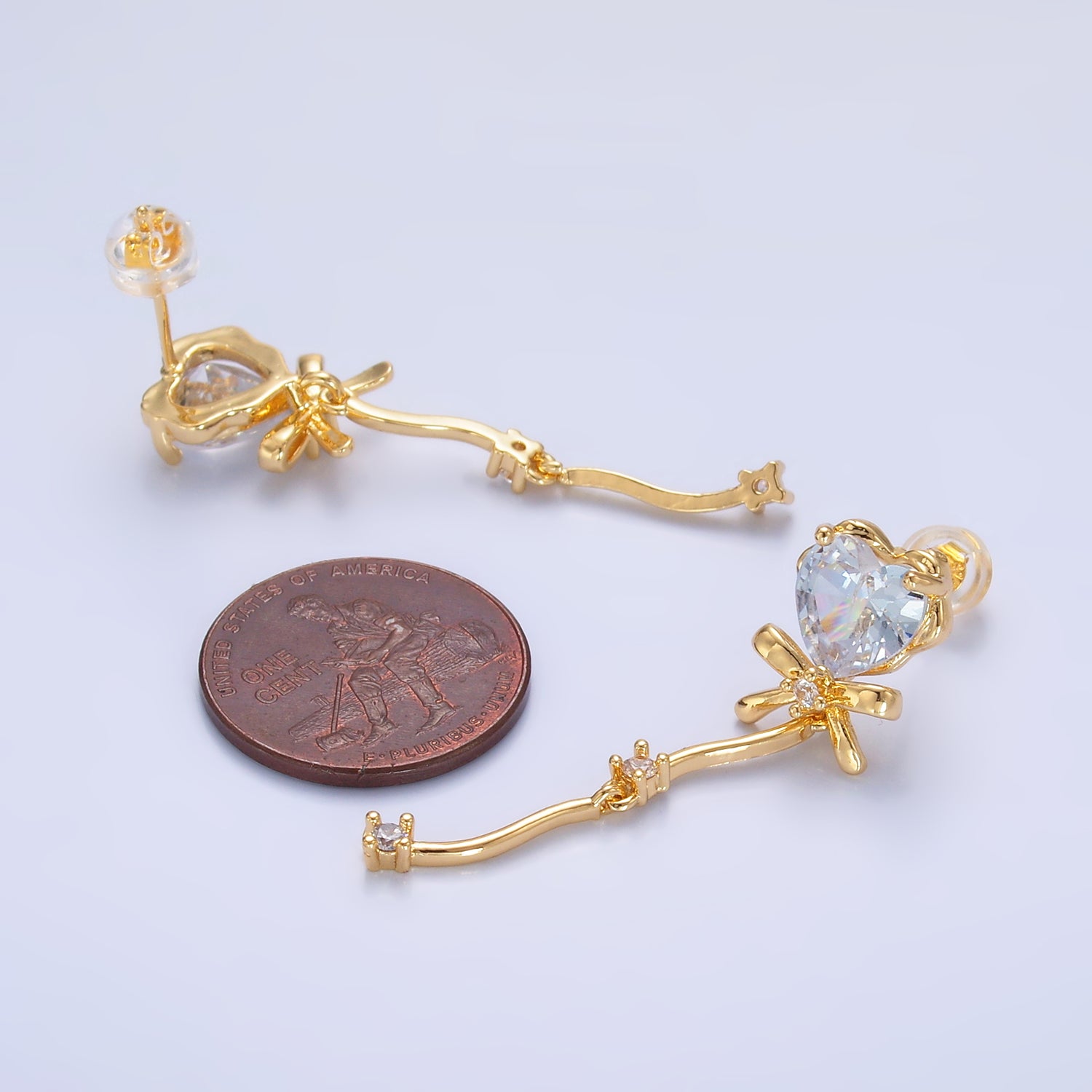 24K Gold Filled Clear CZ Heart Ribbon Bow Drop Earrings | AB1034