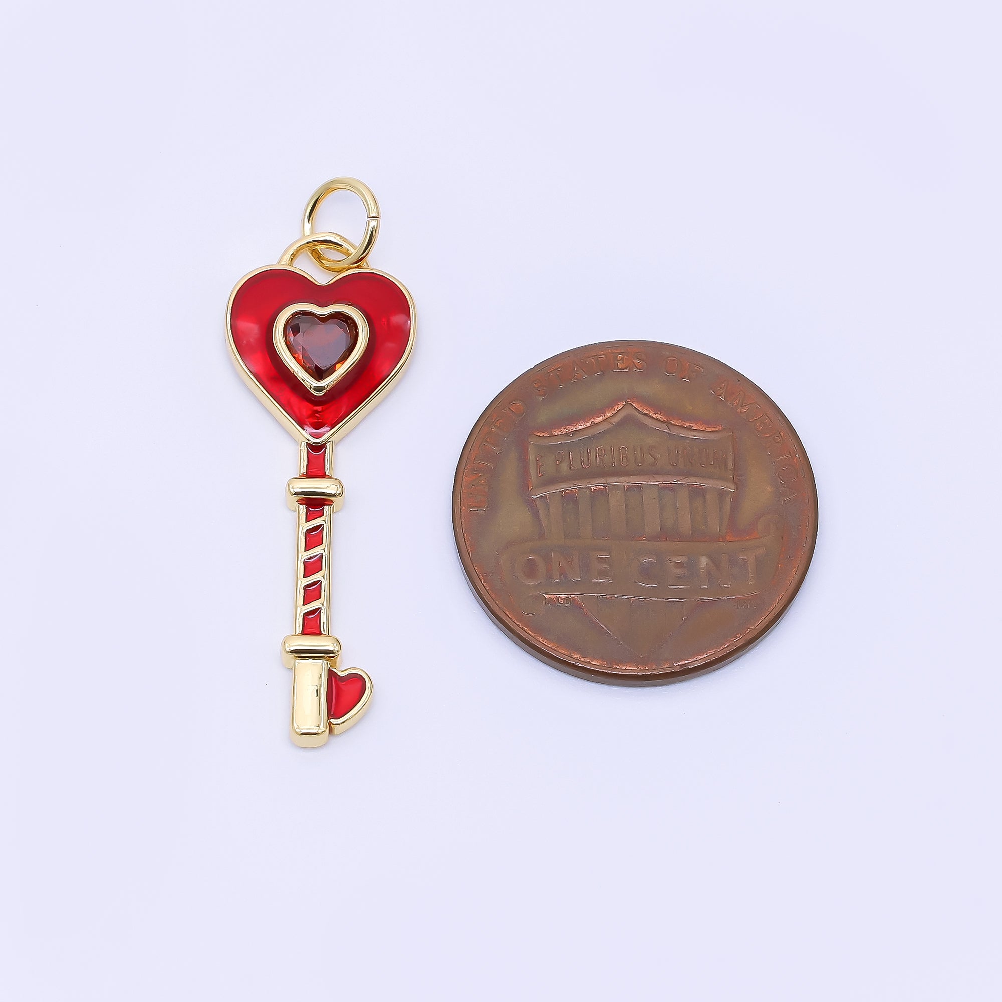 24K Gold Filled 28mm Red Heart-Shaped CZ Hand-Painted Enamel Heart Key Charm | AC1603