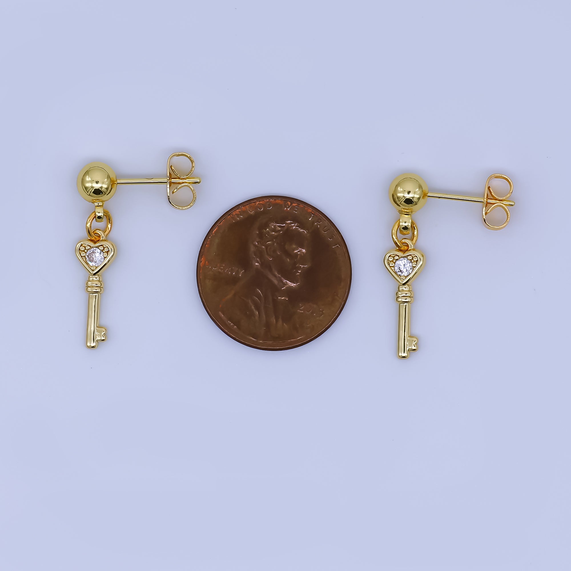 24K Gold Filled Round CZ Key to the Heart Drop Stud Earrings | AI468