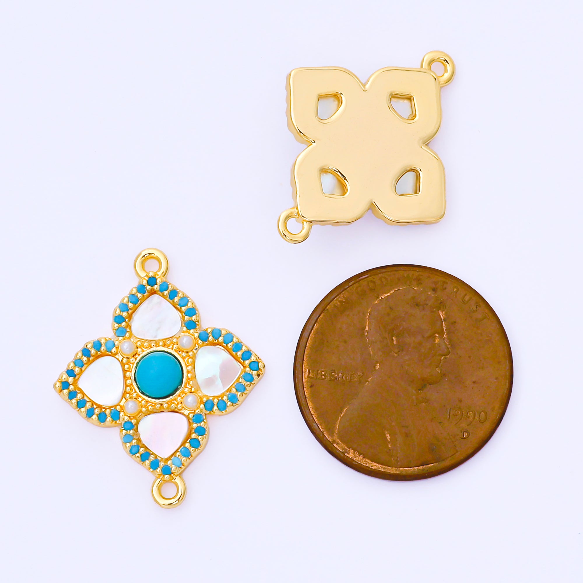 24K Gold Filled 23mm Blue Micro Paved CZ Mother of Pearl 4-Leaf Lucky Clover Charm Connector | Y062