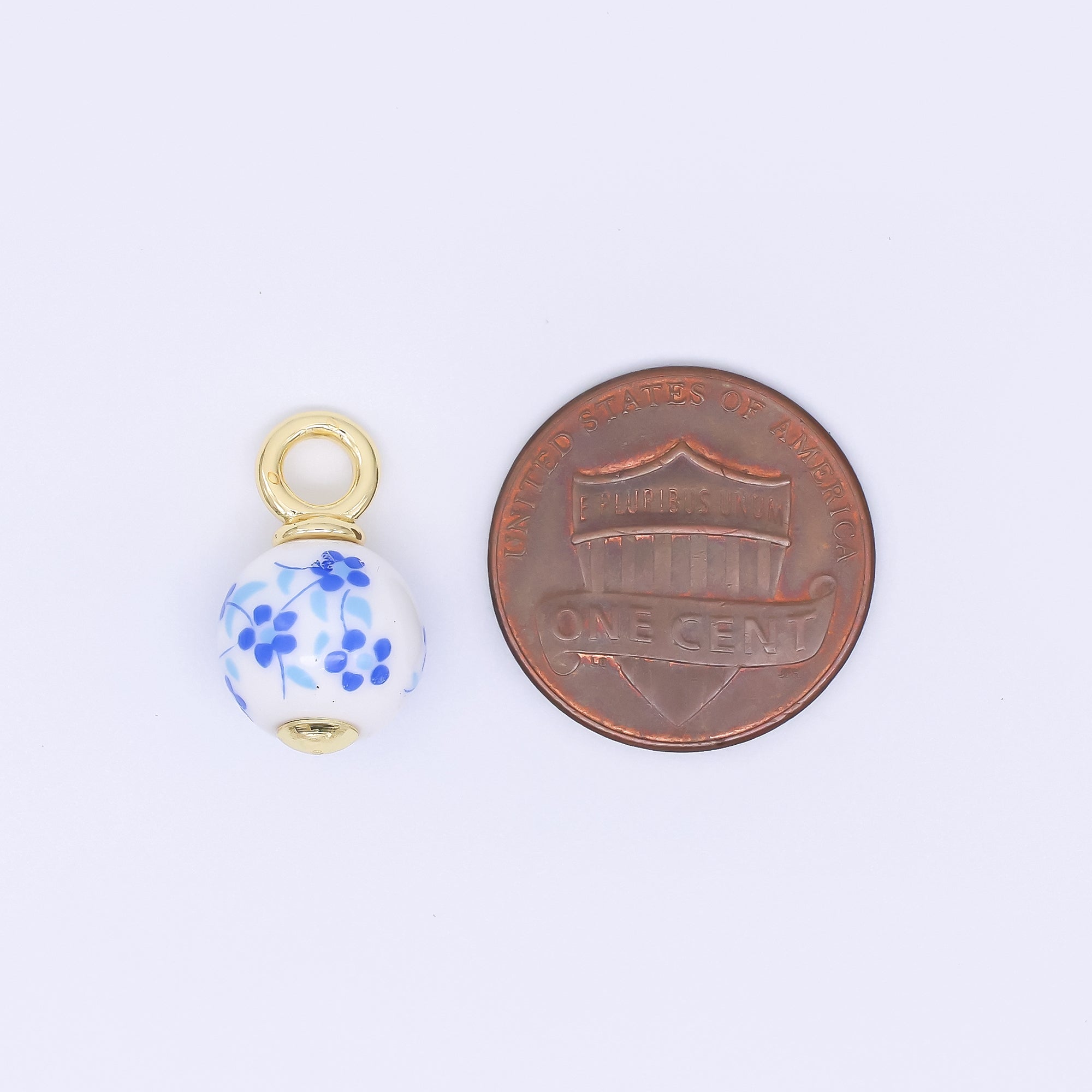 24K Gold Filled Blue-White Daisy Flower Ceramic Porcelain Round Drop Charm | AJ400