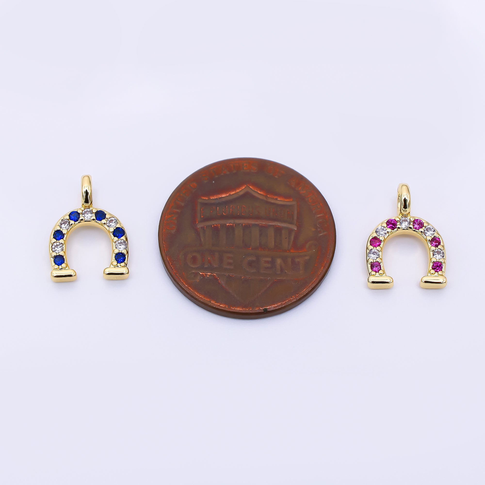 24K Gold Filled 29mm Micro Paved CZ Farm Horseshoe Animal Charm Iin Black, Pink, & Blue | AH-557 AH-558