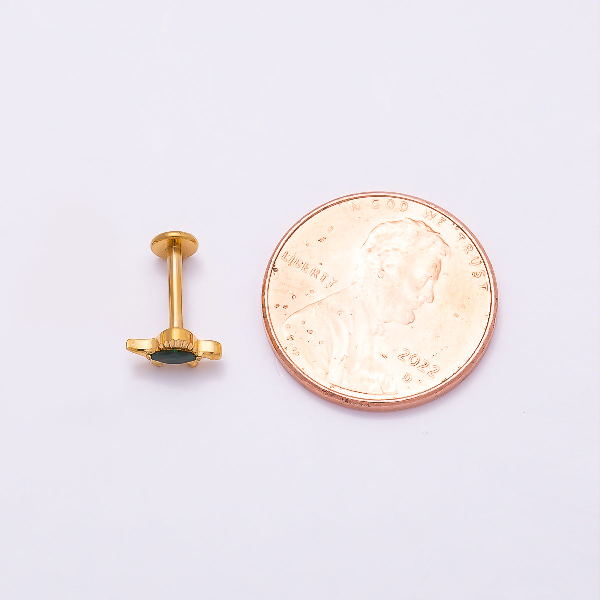 24K Gold Filled 7.5mm Green CZ Dinosaur Single Cartilage Piercing Flat Back Stud in Gold & Silver | Findings-00246 Findings-00247