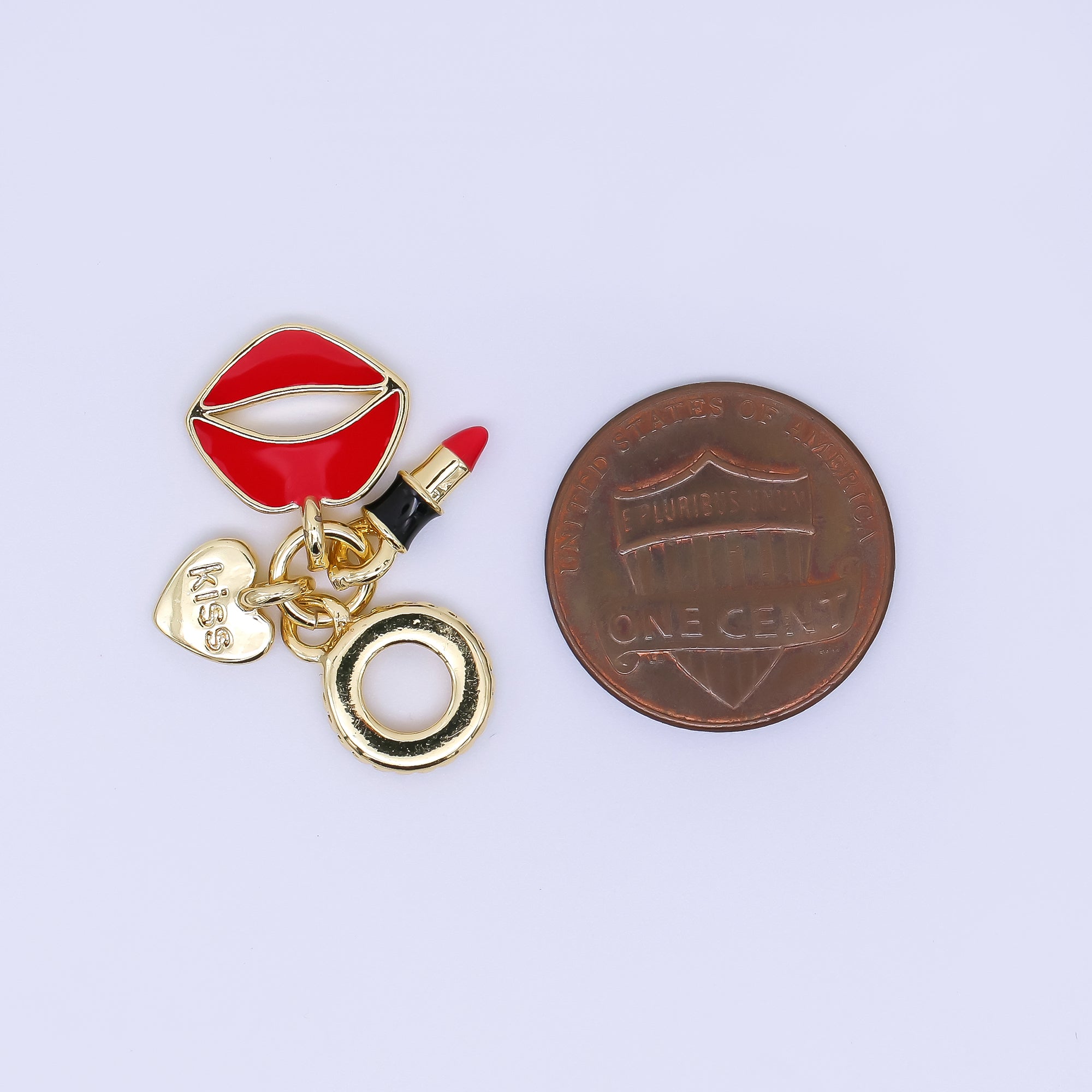 24K Gold Filled 11mm Red Lips, Lipstick, & Heart Kiss Girly Set European Style Rondelle Bail Drop Charm | AC1651