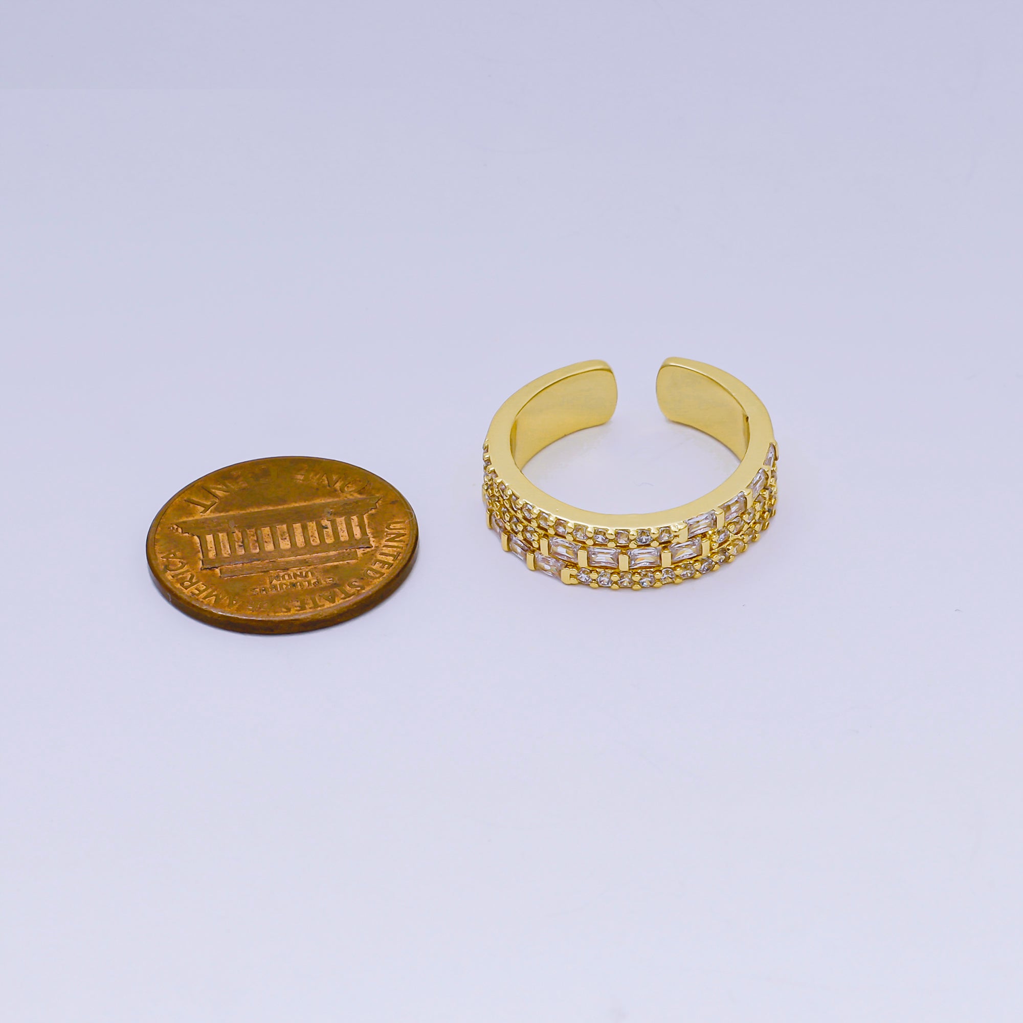 24K Gold Filled Triple-Layered Clear Baguette & Micro Paved CZ Cluster Adjustable Ring | O-1485