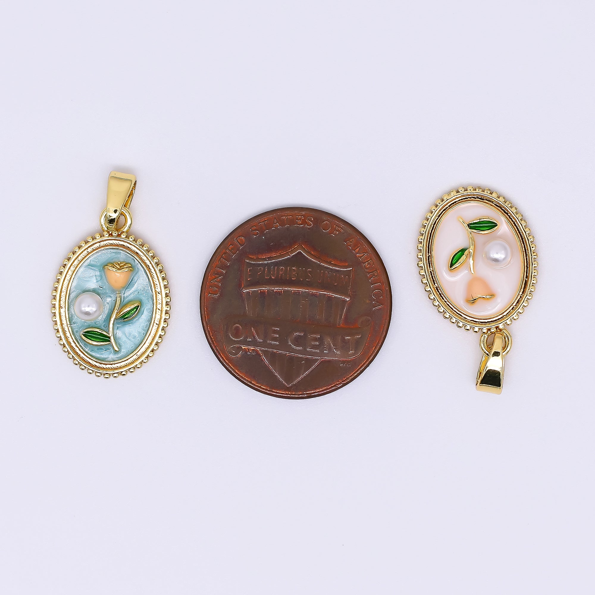 24K Gold Filled 12mm Enamel Art Shell Pearl Framed Vintage Style Flower Pendant in Blue, Pink, & Purple | AH-506 AH-507