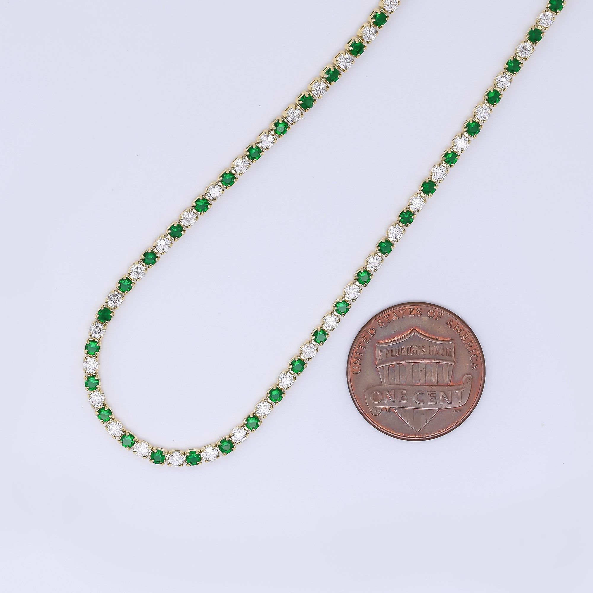24K Gold Filled 2.2mm Green, Blue Round CZ Alternating Two Colors Tennis Chain 16 Inch Necklace with Extender | WA-3810 - WA-3811