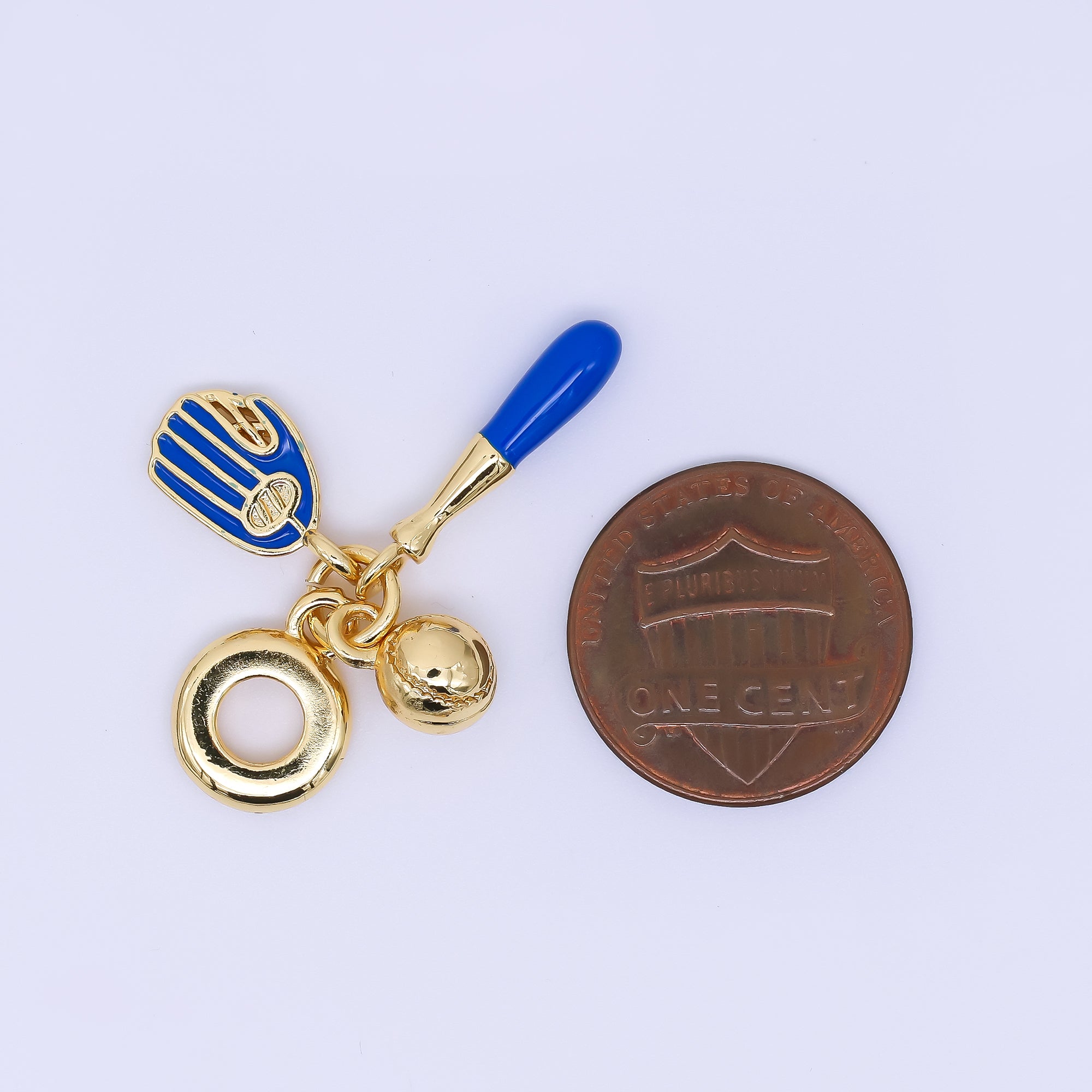 24K Gold Filled 20.5mm Blue Sticks, Gloves, & Ball Baseball Sports Set Rondelle Drop Charm | AC1614