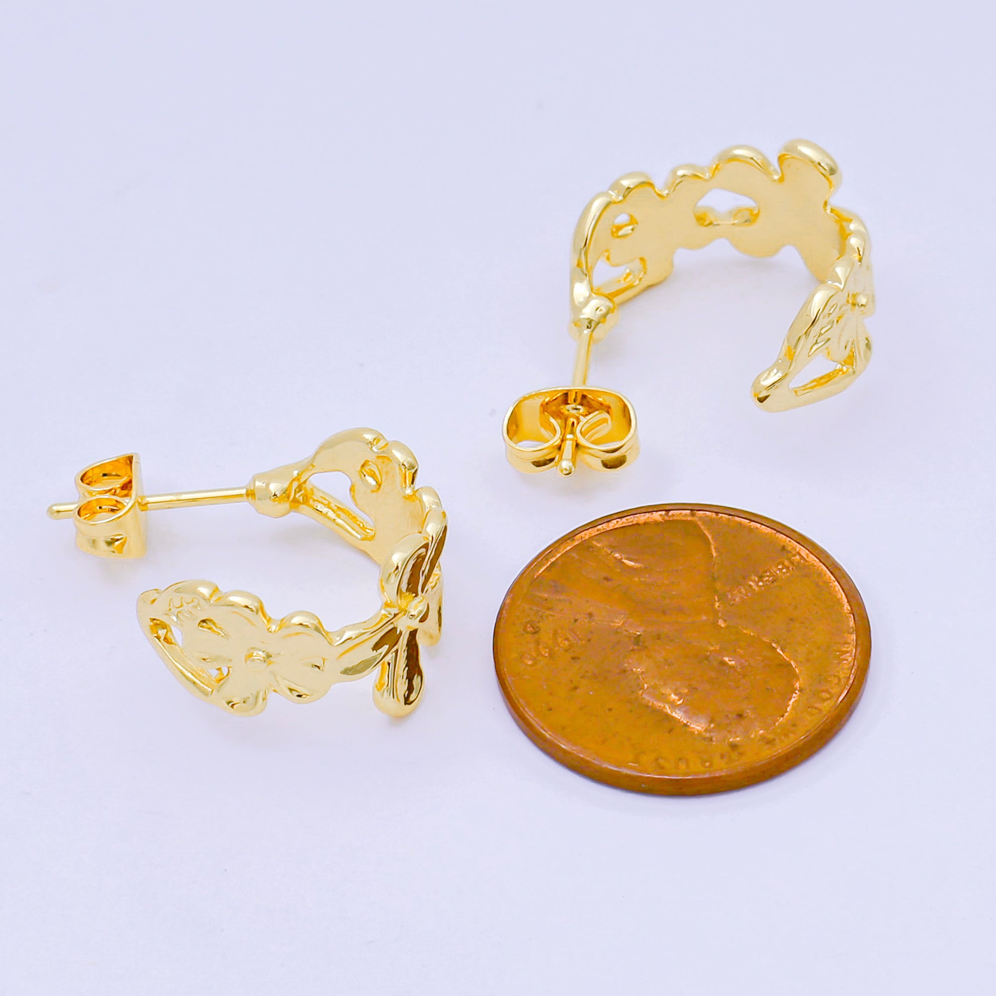 24K Gold Filled Flower Linked Garden C-Shaped Stud Earrings | AJ-083