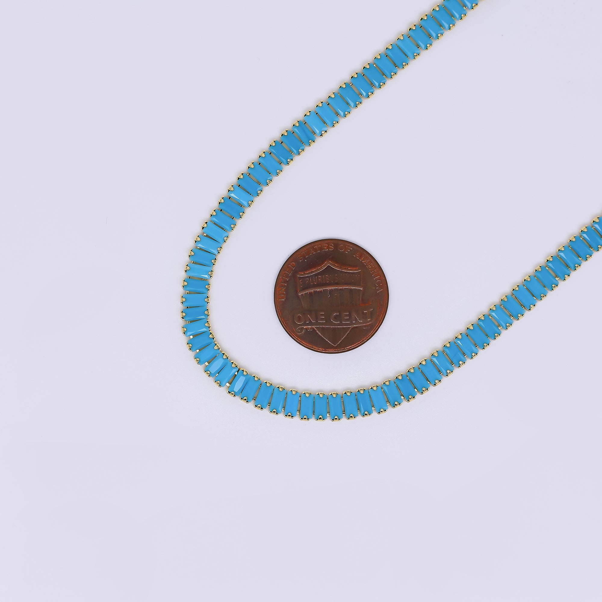 24K Gold Filled Turquoise Rectangular CZ Box Clasp Tennis Necklace 17.71 Inch | WA-3801