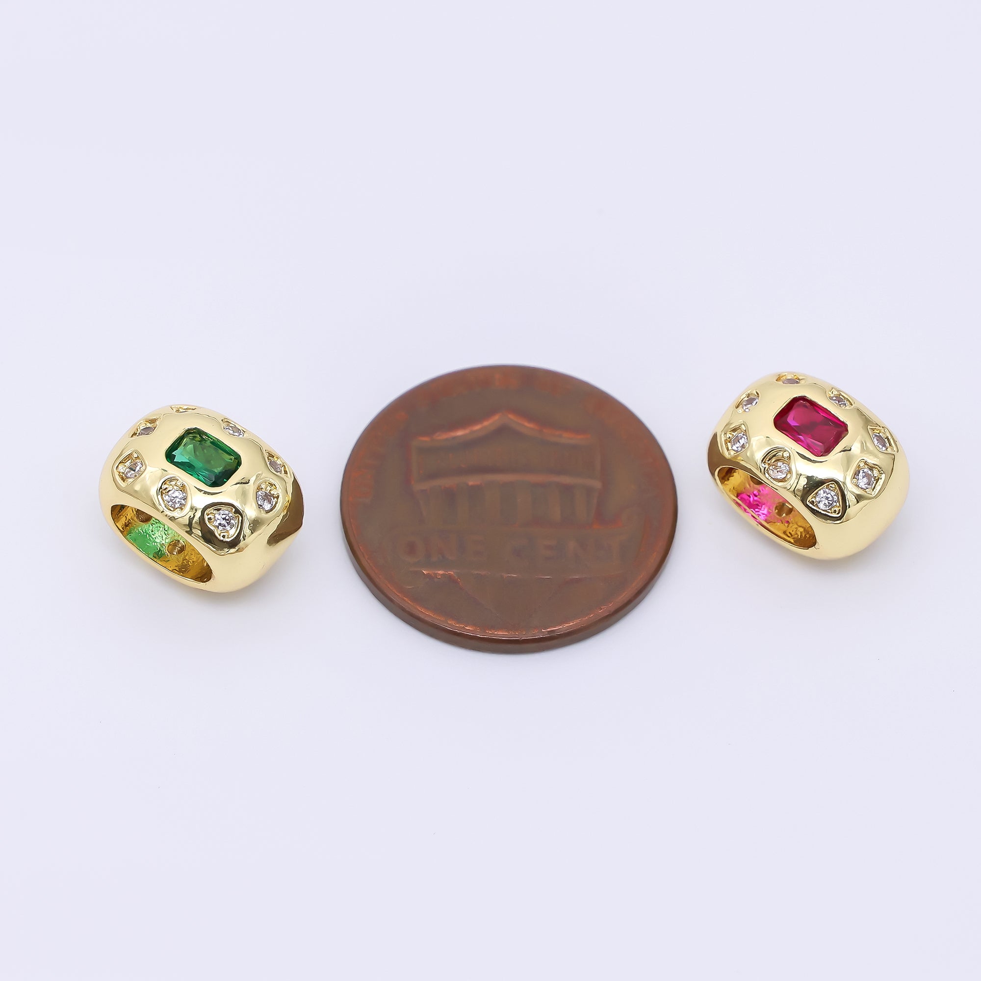 24K Gold Filled 11mm Fuchsia, Green Baguette CZ Dotted Rondelle Spacer Bead | B916