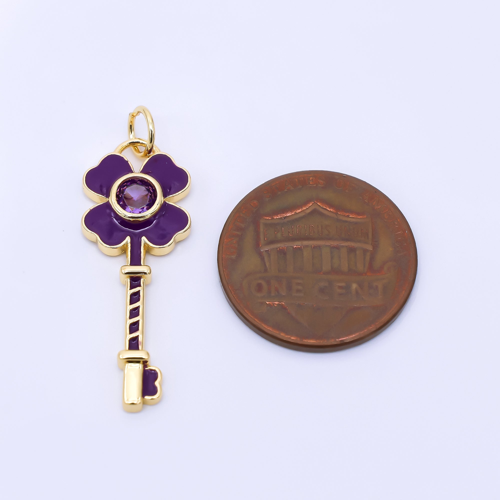 24K Gold Filled 28mm Purple Round CZ Hand-Painted Enamel Key to the Lavender Garden Floral Charm | AC1604