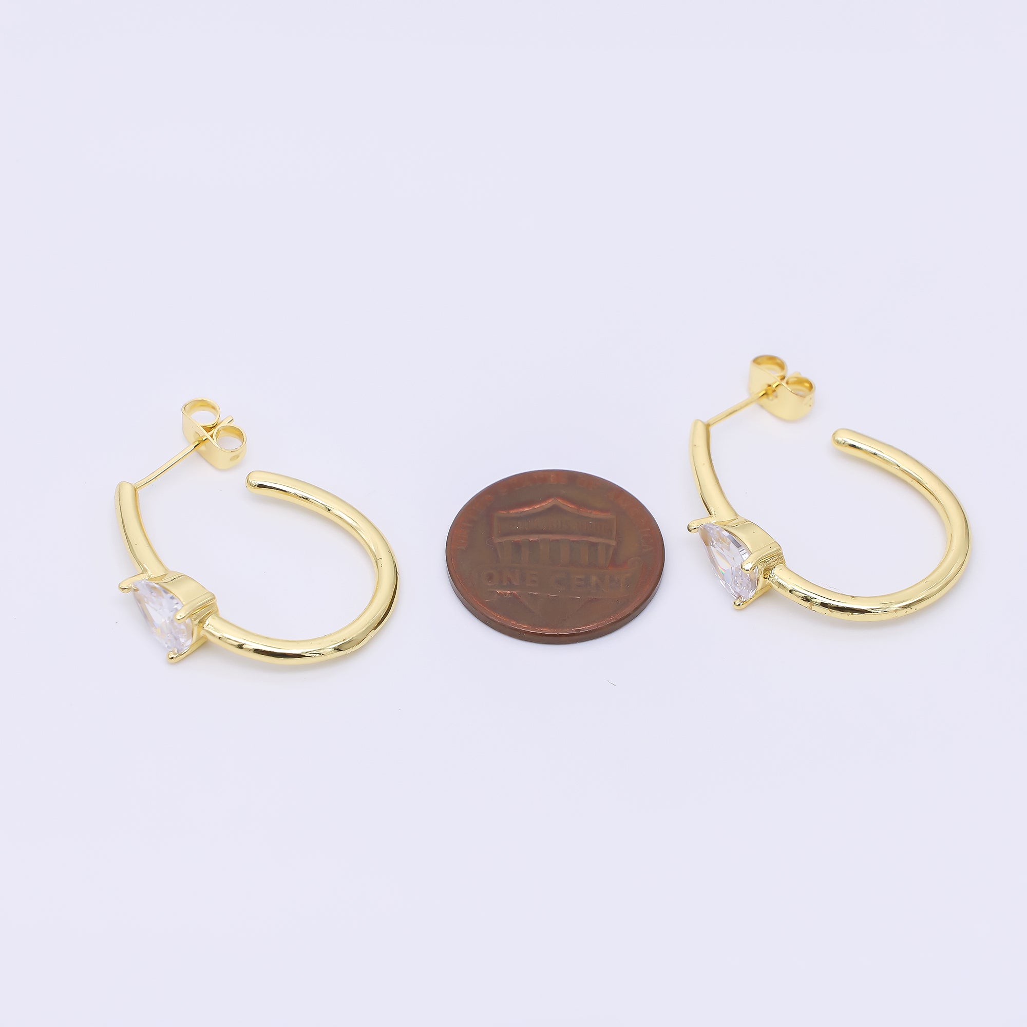 24K Gold Filled 27.5mm Clear CZ Teardrop J-Shaped Hoop Earrings | AI491