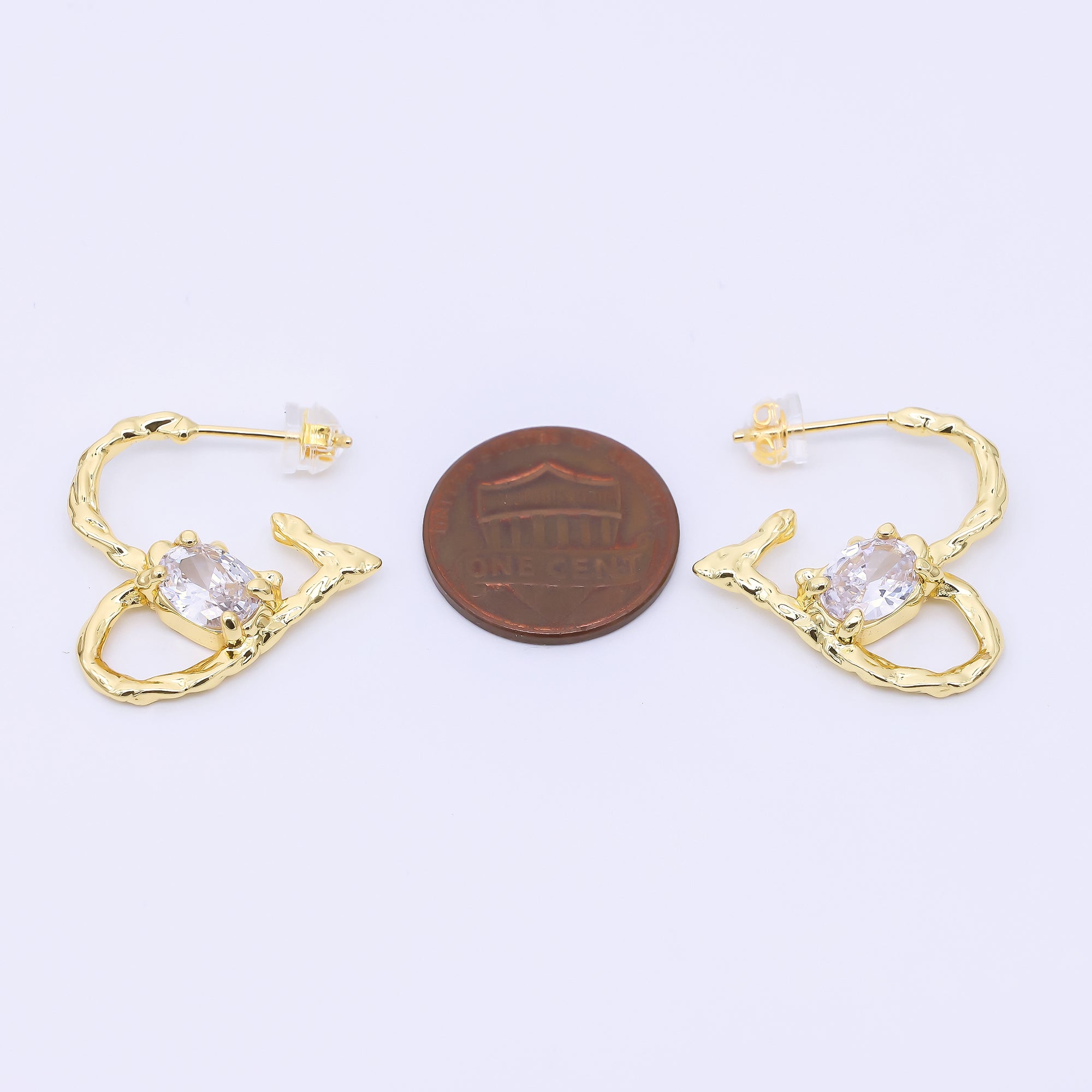 24K Gold Filled Baguette CZ Molten Heart C-Shaped Hoop Earrings | AI447