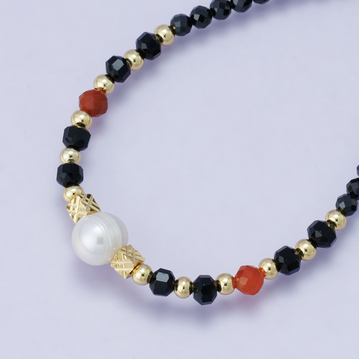 24K Gold Filled Black Multifaceted Gemstone Bead Paperclip Chain Half 16 Inch Necklace w. Extender | WA-04205