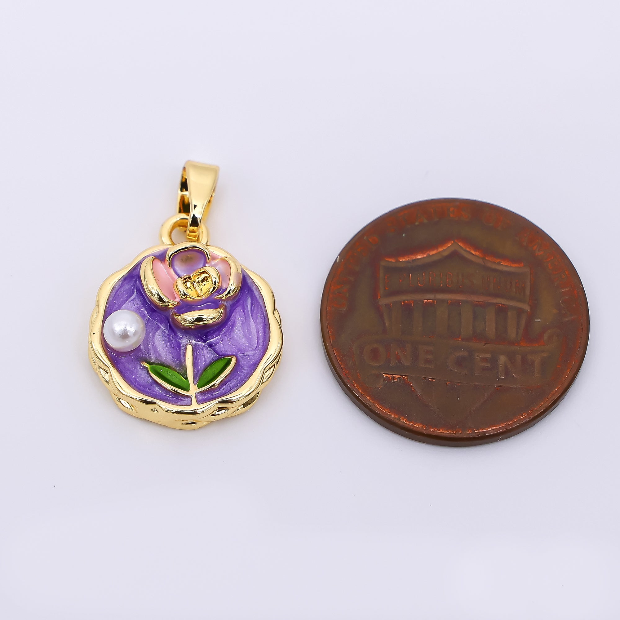 24K Gold Filled 16mm Purple Enamel Art Shell Pearl Lavender Haze Rose Flower Pendant | AH-511