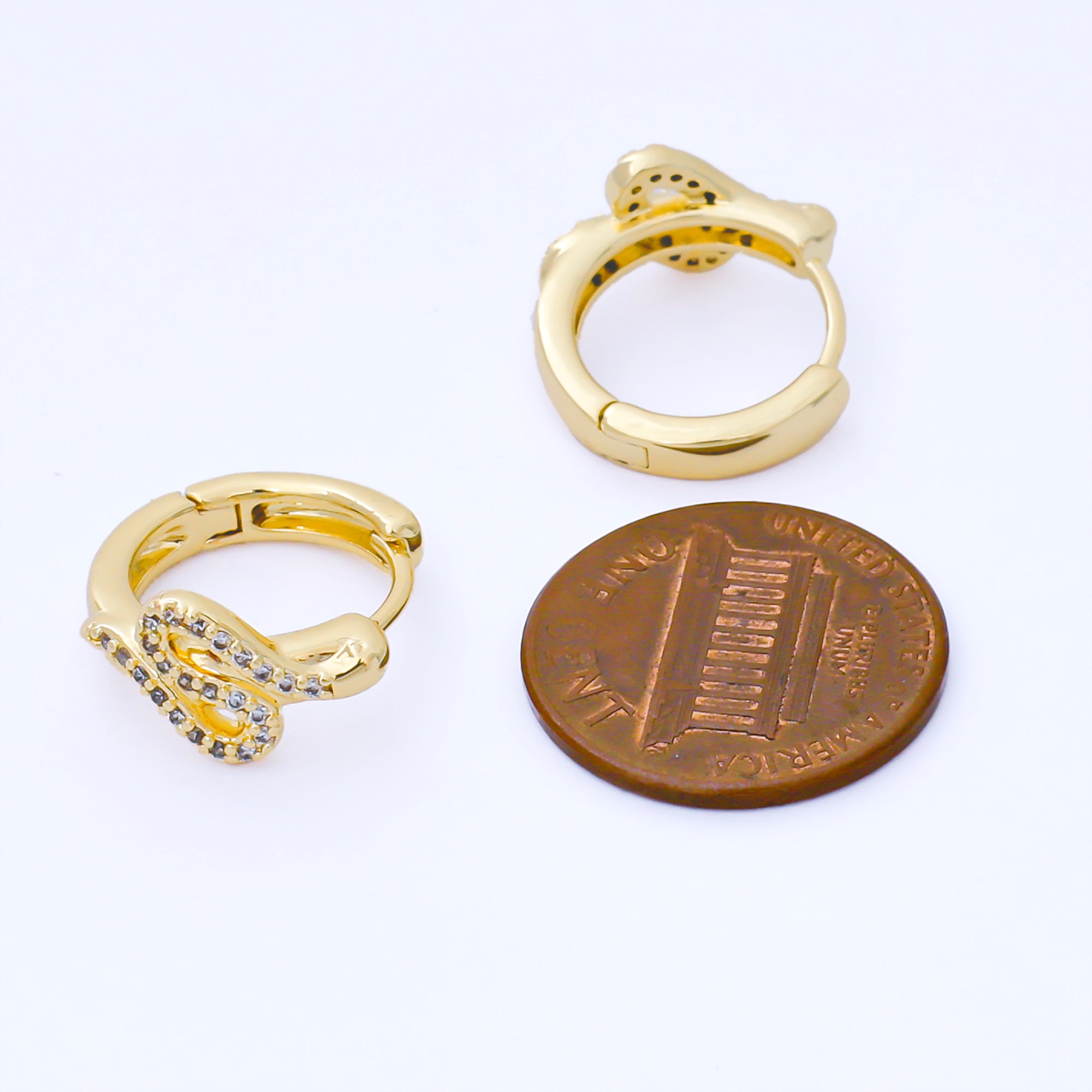 24K Gold Filled 15mm Micro Paved CZ Curved Snake Huggie Earrings in Silver & Huggie | AB1619 AB1620