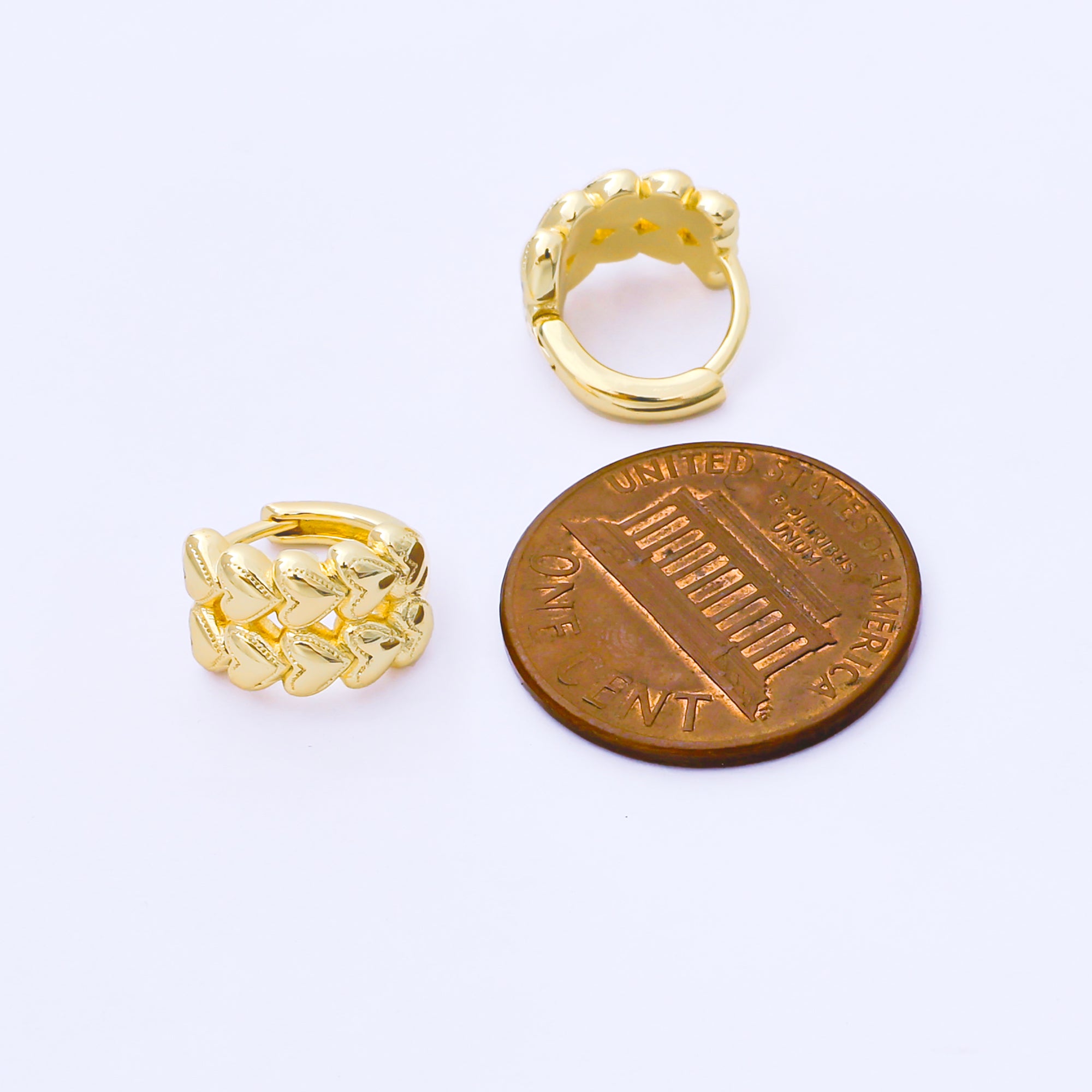 24K Gold Filled 12mm Double Row Heart Embossed Huggie Earrings in Gold & Silver | AB1611 AB1612
