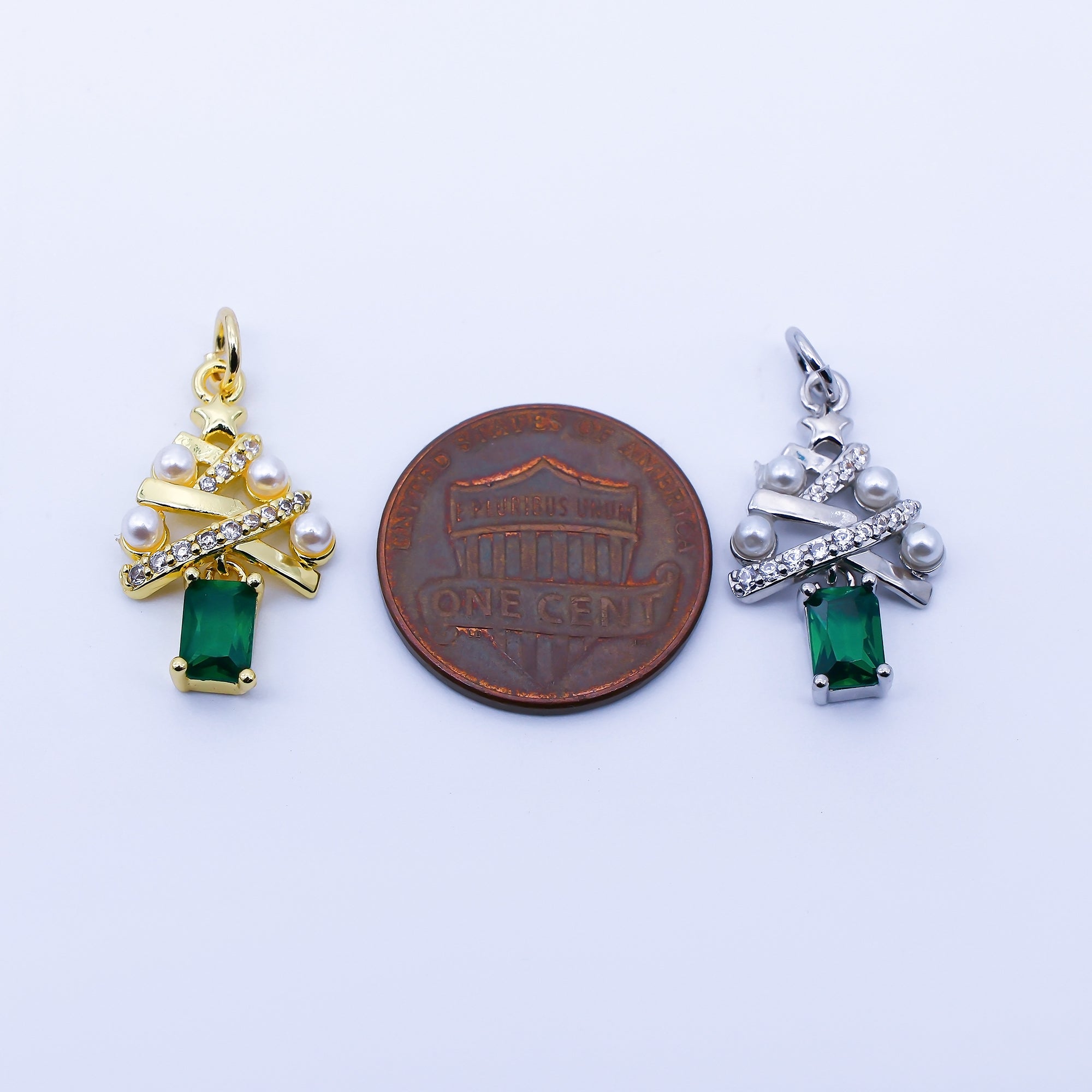 24K Gold Filled Green Baguette CZ Micro Paved Shell Pearl Christmas Tree Charm in Gold & Silver | C940