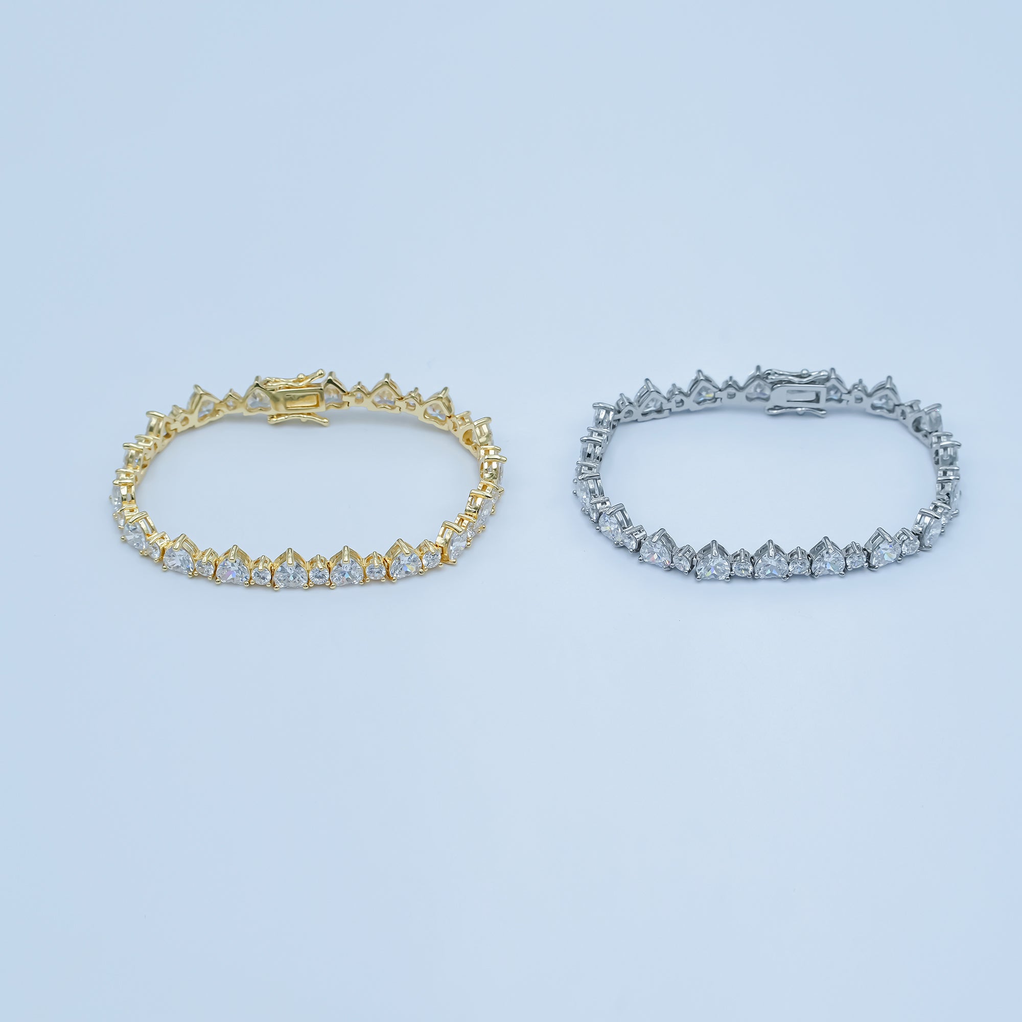 24K Gold Filled Heart CZ Tennis Chain 7 Inch Bracelet in Gold & Silver | WA-2859 WA-2860