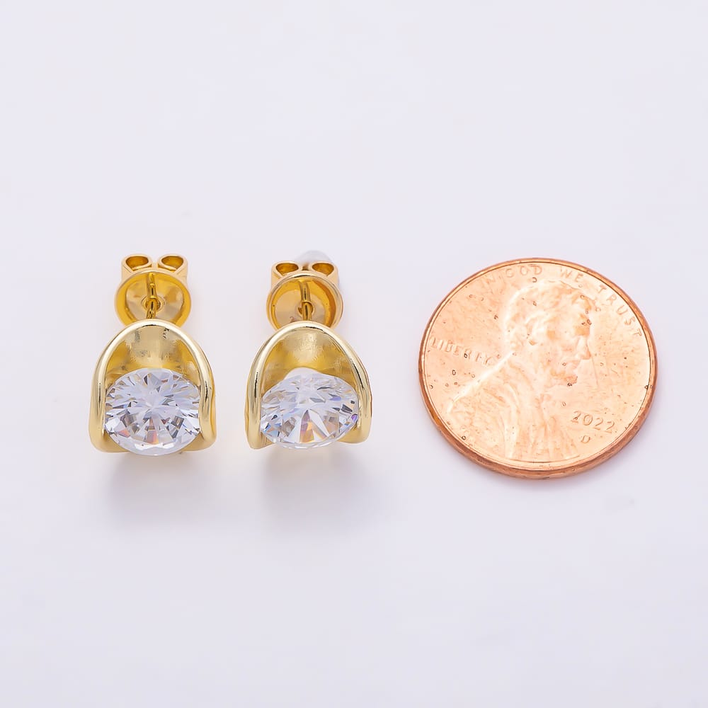 16K Gold Filled 17mm Clear Round CZ Solitaire Round Geometric Wrap Bezel Stud Earrings in Gold & Silver | Earrings-01180 Earrings-01165