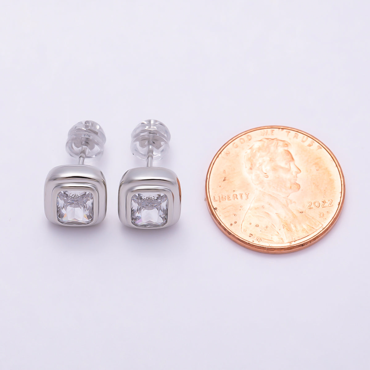 16K Gold Filled 10mm Clear CZ Baguette Bezel Stud Earrings in Gold & Silver | Earrings-00419 Earrings-00420