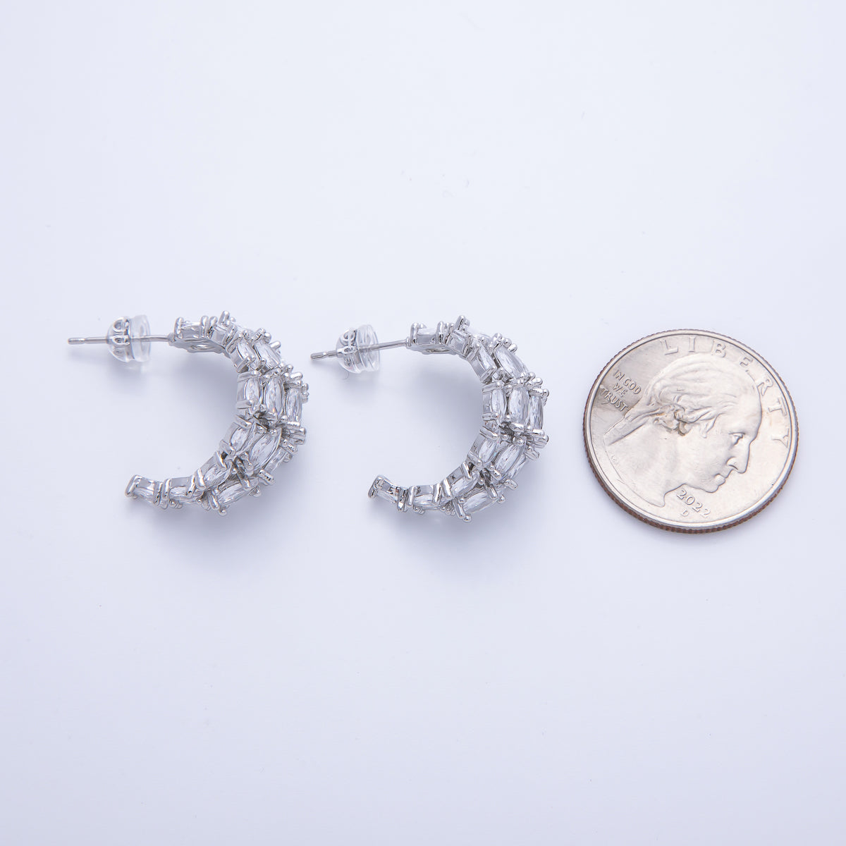 14K Gold Filled 22.5mm Clear CZ Marquise C-Shaped Hoop Earrings in Gold & Silver | Earr-020007 Earr-020008