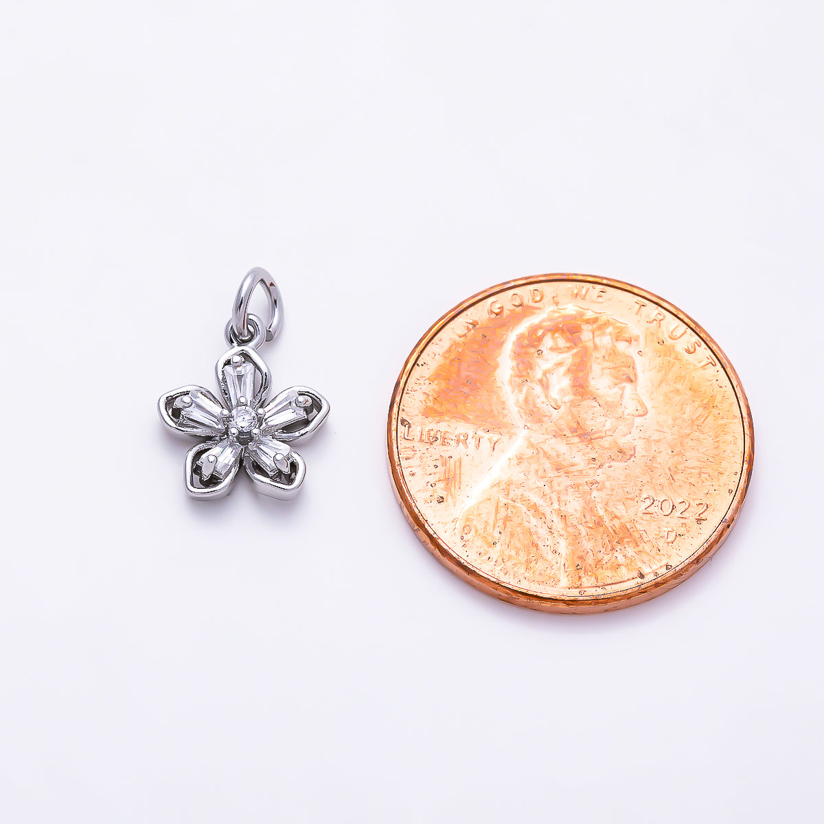 Silver 10mm Clear CZ Baguette Petal Flower Mini Charm | Charms-01523