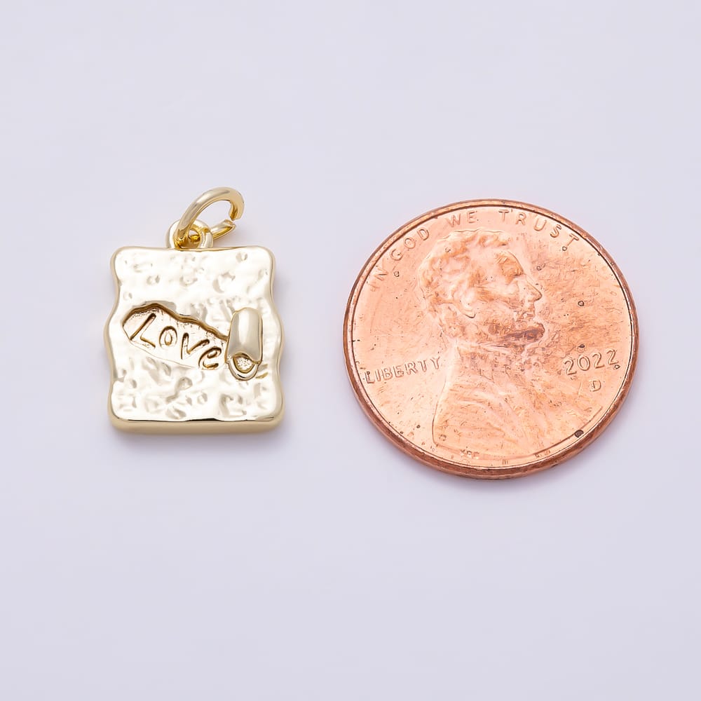 16K Gold Filled 14mm Textured Square Plate Engraved Love Tag Pendant | Charms-02138 - Charms-02139