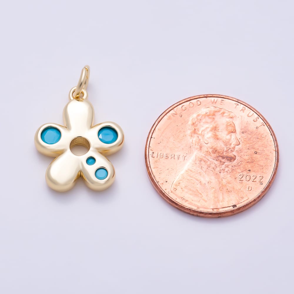 16K Gold Filled 16mm Clear and Turquoise Beaded CZ Minimalist Puffed Flower Charm | Charms-02123 - Charms-02126