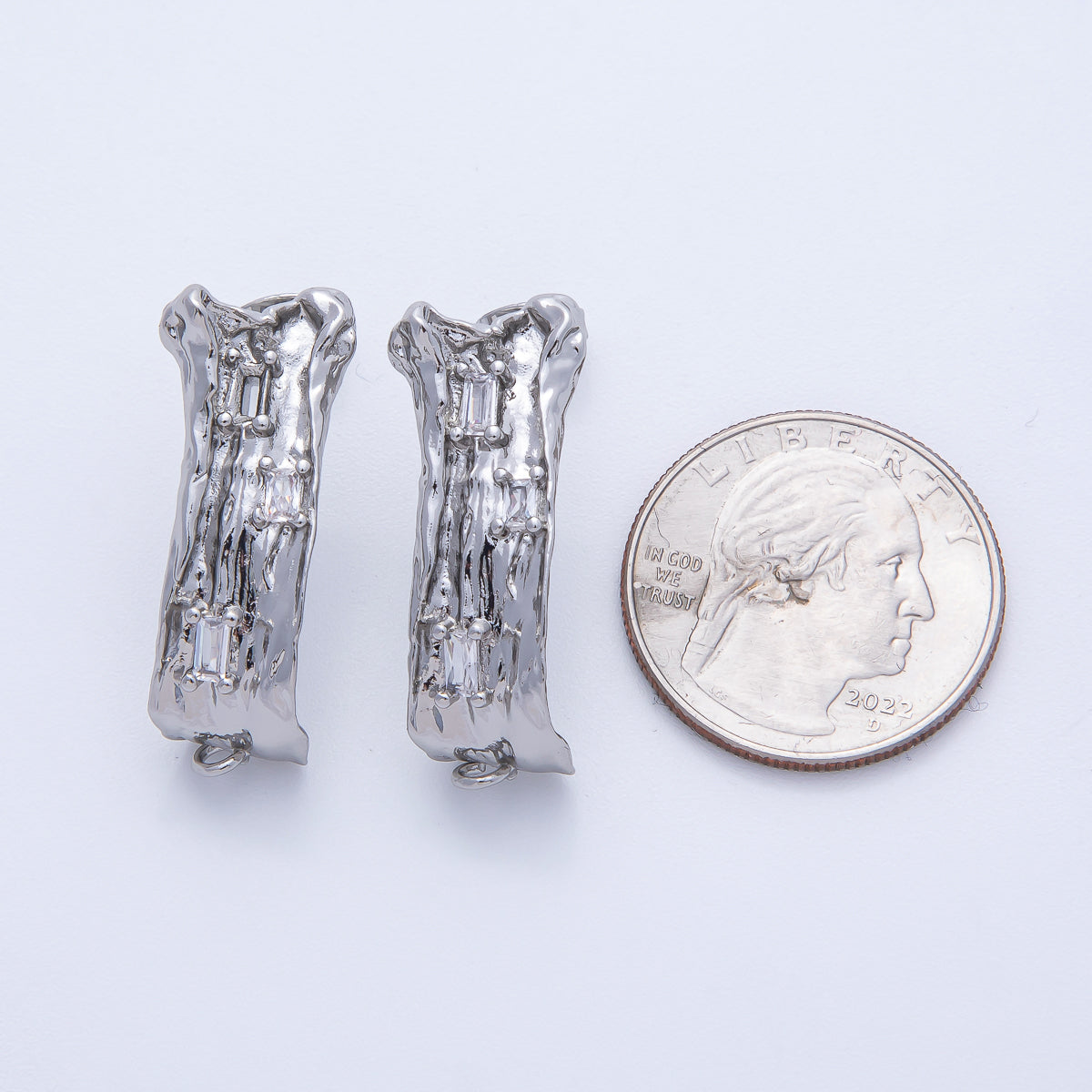 24K Gold Filled 30mm Baguette CZ Hammered Tube Drop Stud Earrings in Gold & Silver | Z1668