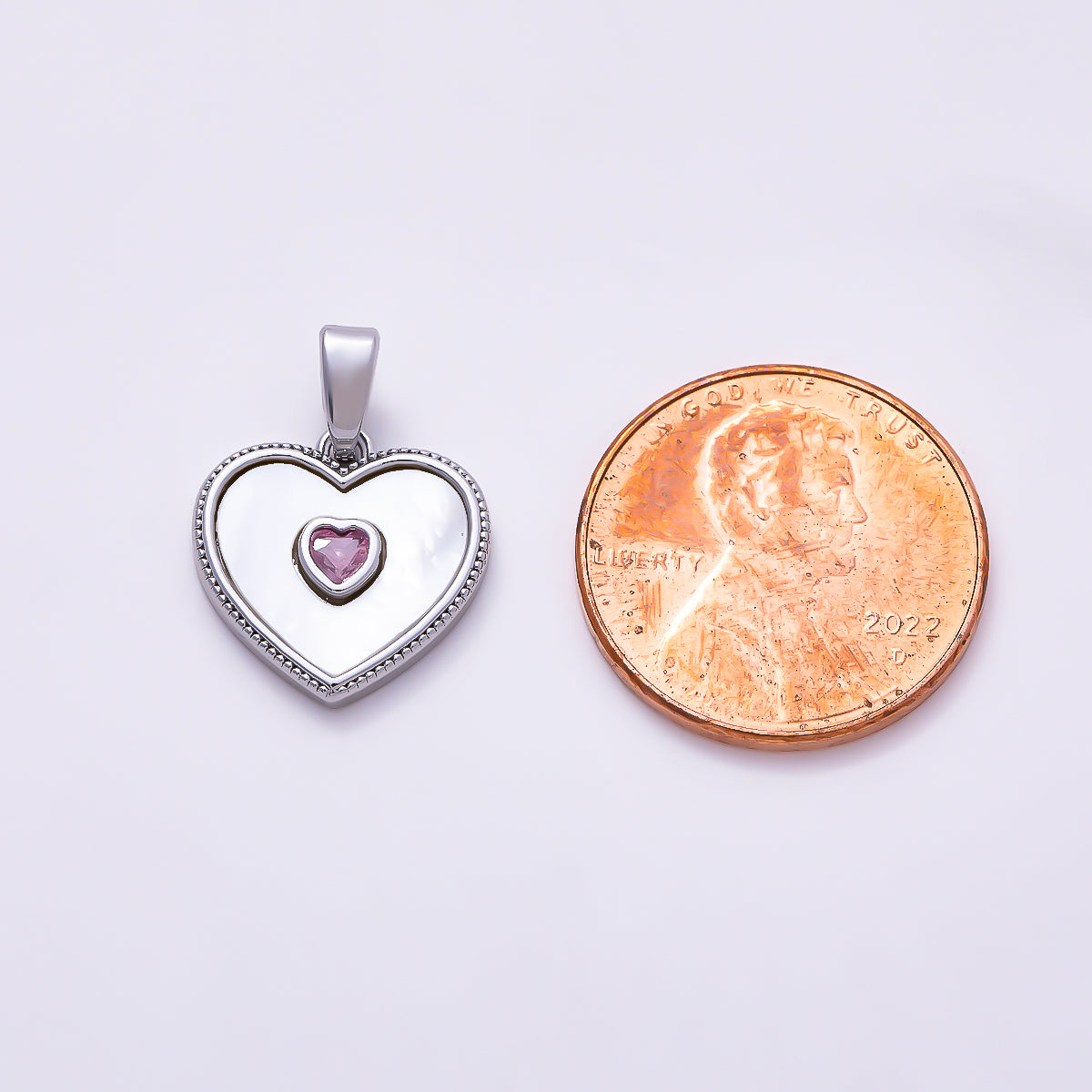 Silver 14mm Pink CZ Shell Pearl Ribbed Bezel Heart Pendant | Charms-01517
