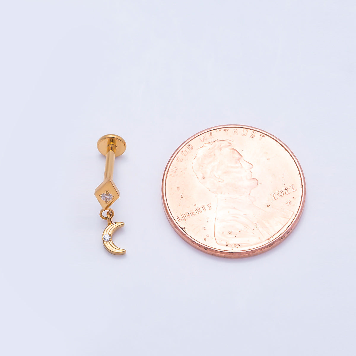 Stainless Steel 14mm CZ Crescent Moon Rhombus Drop Single Cartilage Piercing Flat Back Stud in Gold & Silver | Findings-00242 Findings-00243