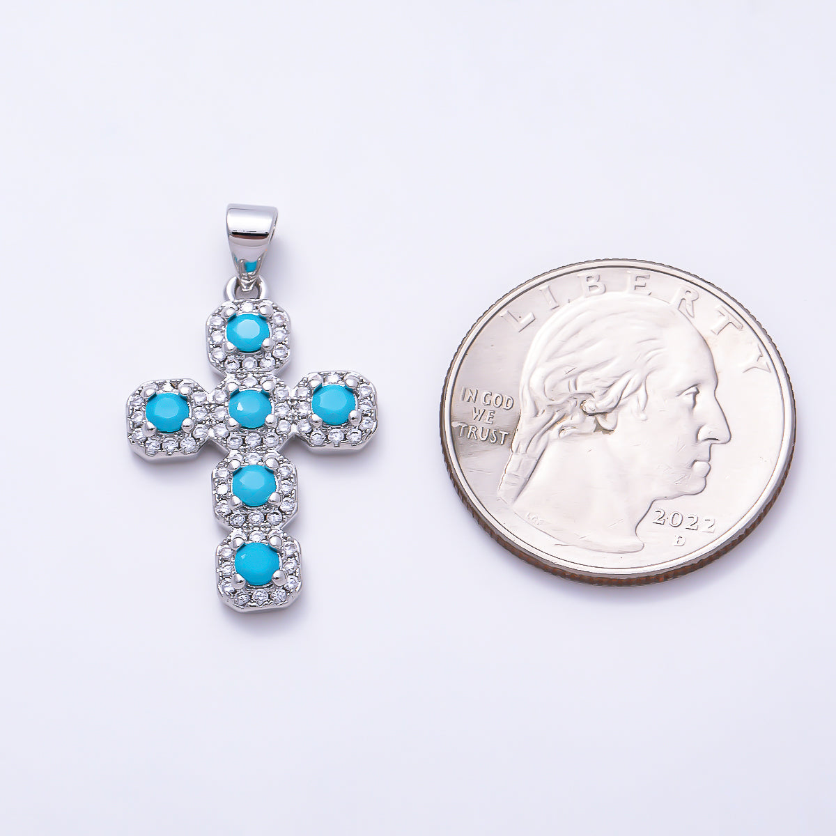 16K Gold Filled 25mm Round Turquoise Micro Paved CZ Statement Cross Religious Pendant | Charms-01662 - Charms-01663