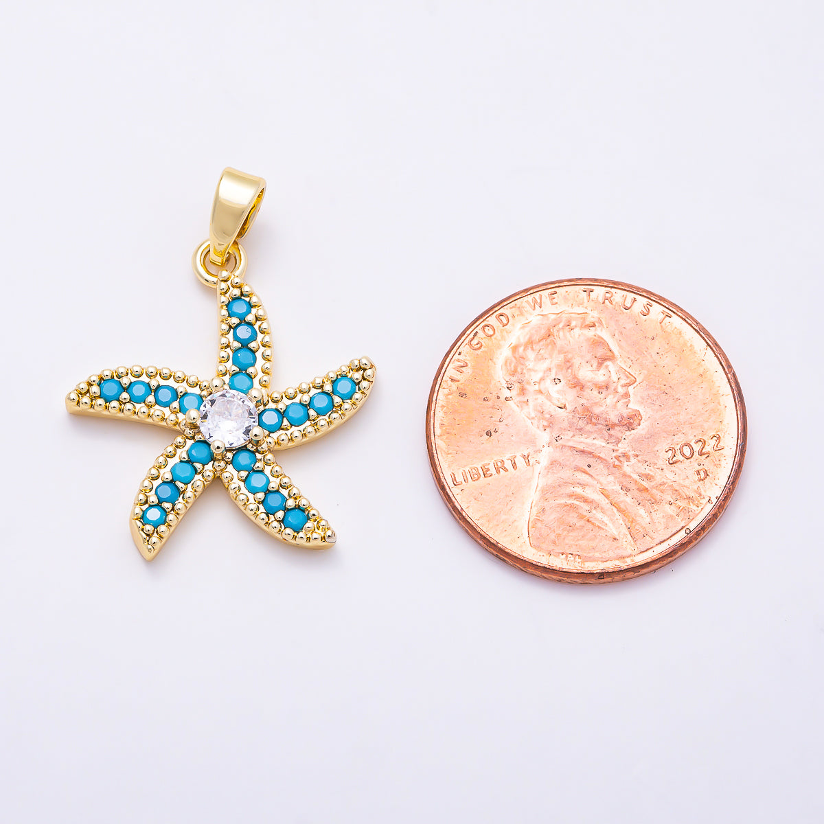 16K Gold Filled 20mm Turquoise Micro Paved Solitaire CZ Starfish Ocean Pendant in Gold & Silver | Charms-01898 - Charms-01899