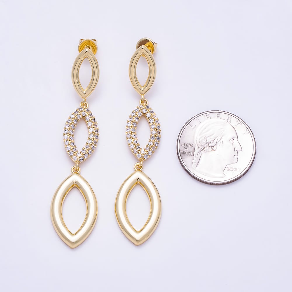 16K Gold Filled 65mm 3-Tier Marquise Micro Paved CZ Drop Stud Earrings| Earrings-00884 - Earrings-00885