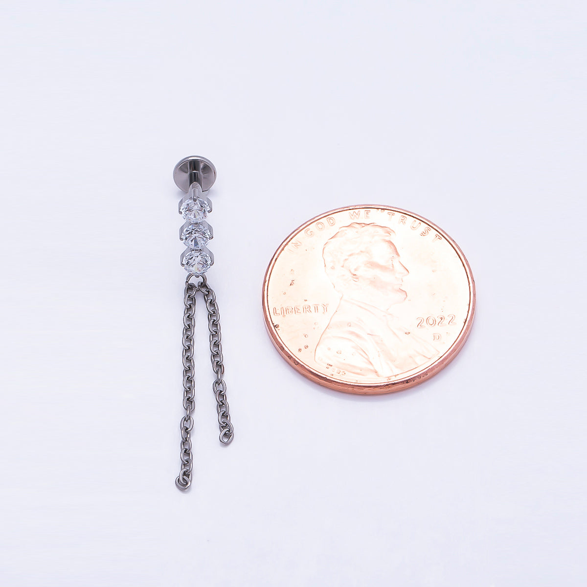 Titanium 31.5mm Triple CZ Chain Drop Cartilage Piercing Flat Back Stud | Findings-00328