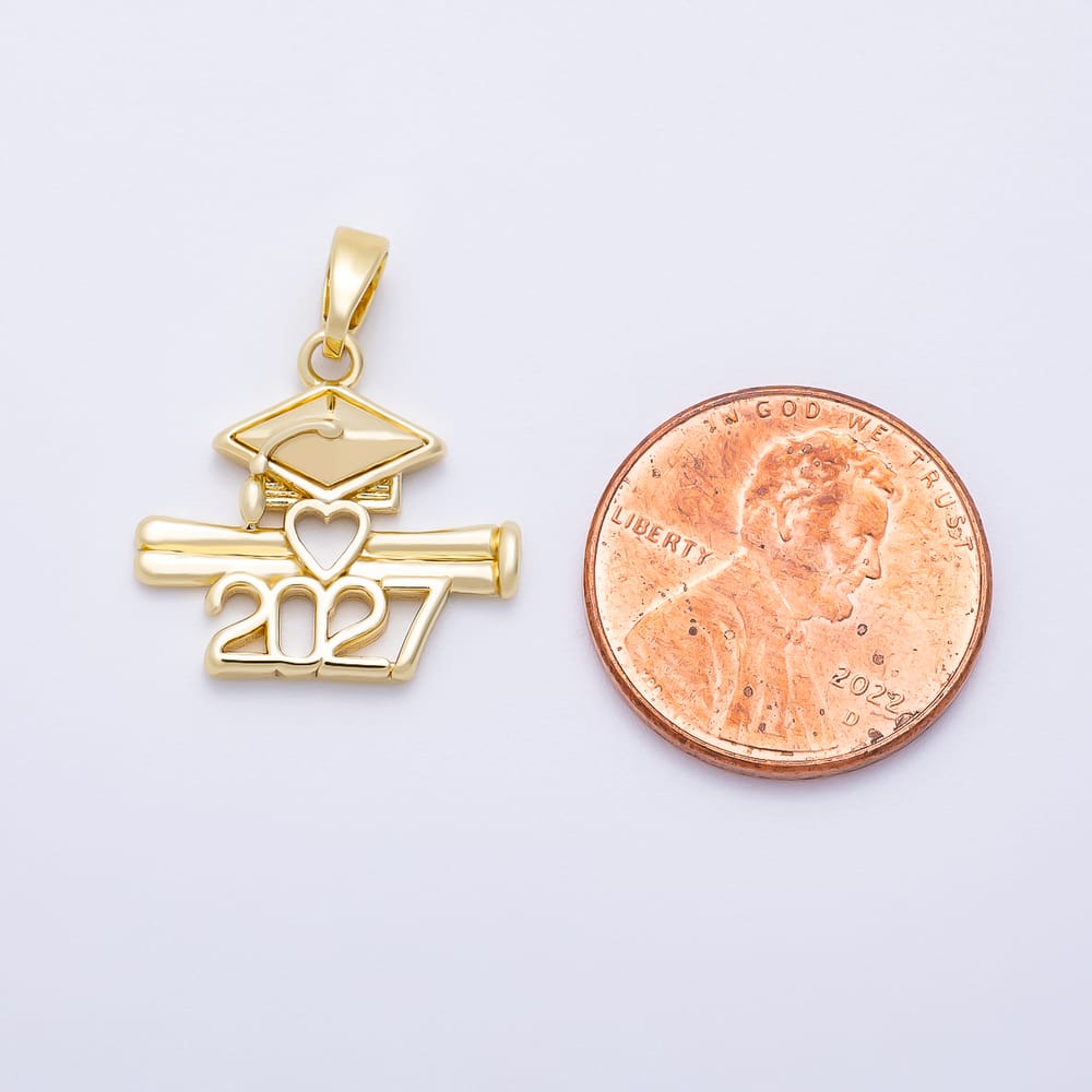 16K Gold Filled 18mm 2027 Graduation Cap Diploma Scroll Open Heart Pendant in Gold & Silver | Charms-02479 Charms-02480