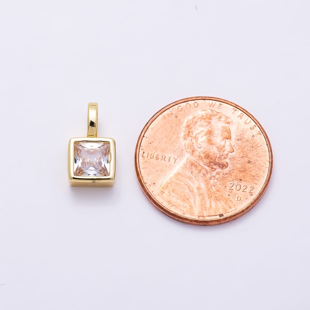 16K Gold Filled 12mm Princess Cut Square CZ Bezel Solitaire Pendant | Charms-02105 - Charms-02106