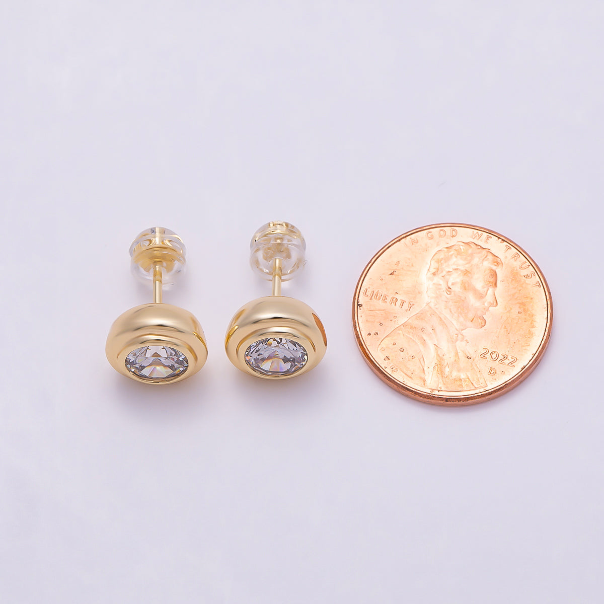 16K Gold Filled 9mm Clear CZ Round Bezel Stud Earrings in Gold & Silver | Earrings-00425 Earrings-00426