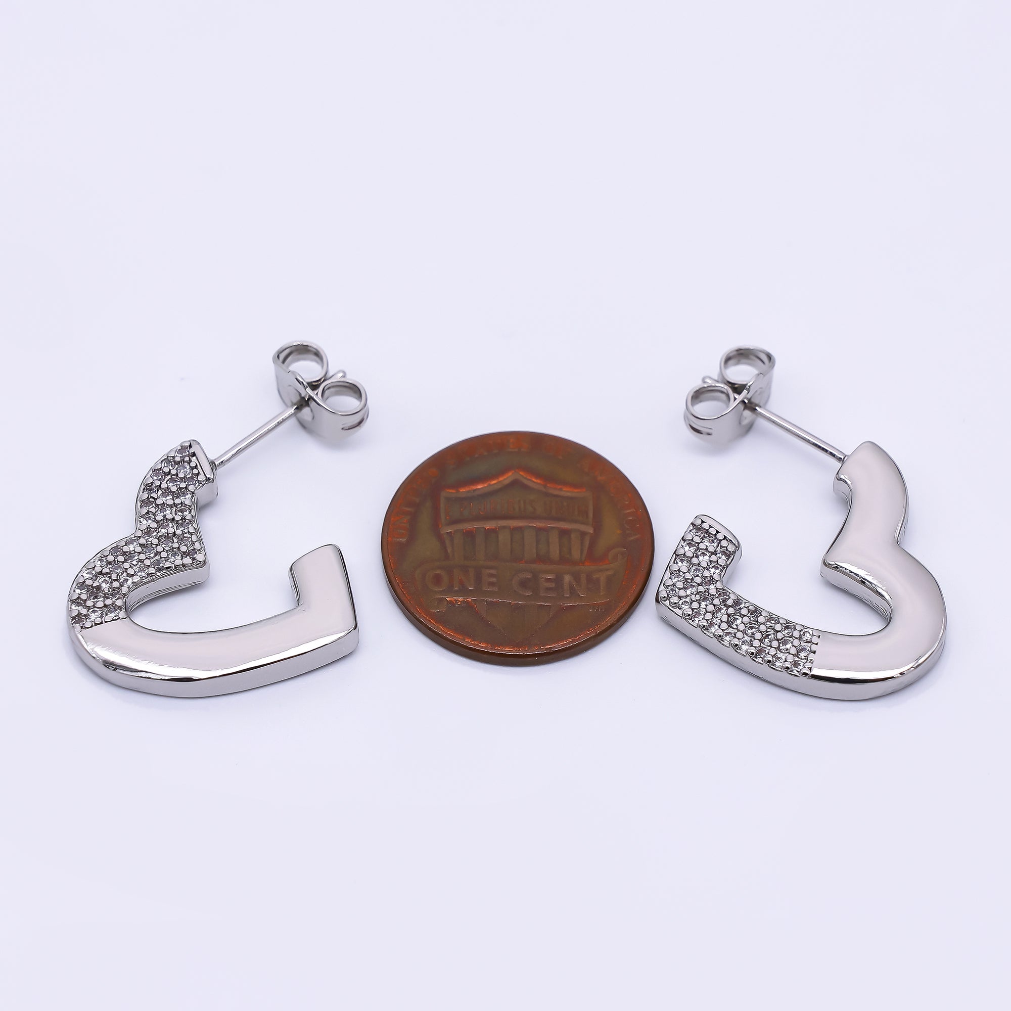Silver Micro Paved CZ Half-Heart C-Hoops Earrings | AJ-050