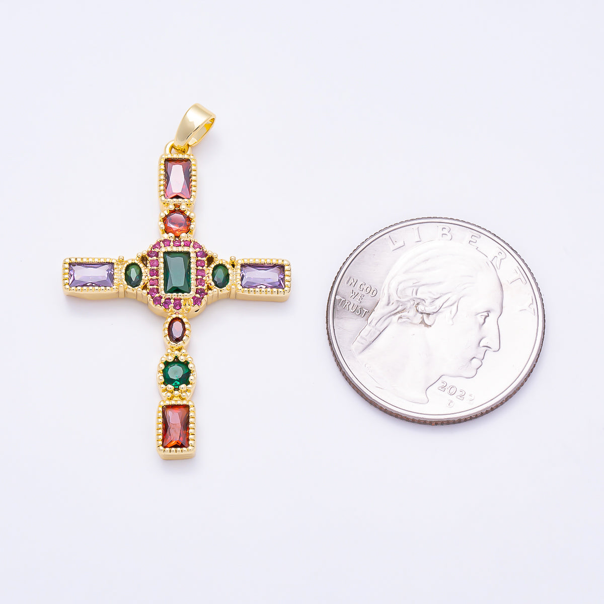 16K Gold Filled 37mm Multicolor CZ Beadded Textured Cross Religious Pendant in Gold & Silver | Charms-01845 - Charms-01846