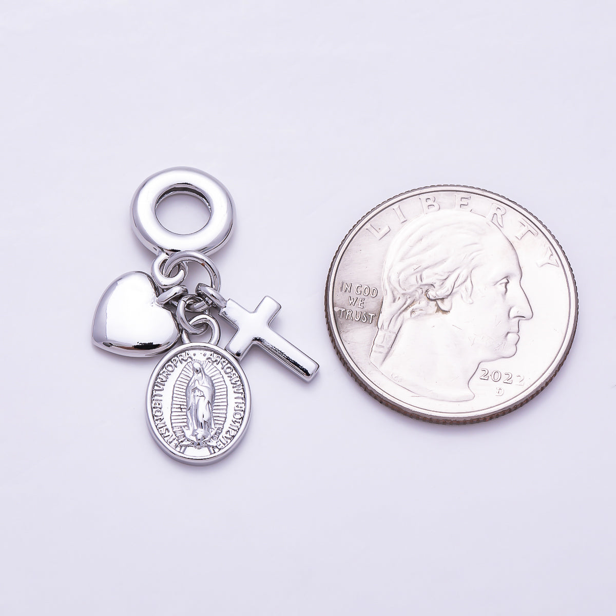 Silver 32mm Religious Heart Cross Mother Mary Sunburst Latin Prayer Drop Rondelle Pendant | Charms-01978