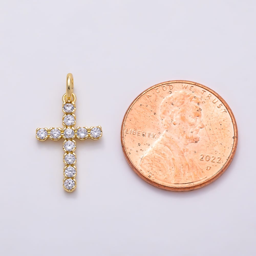 16K Gold Filled 17mm Clear CZ Round Bezel Religious Cross Charm in Gold & Silver | Charms-02276 Charms-02277