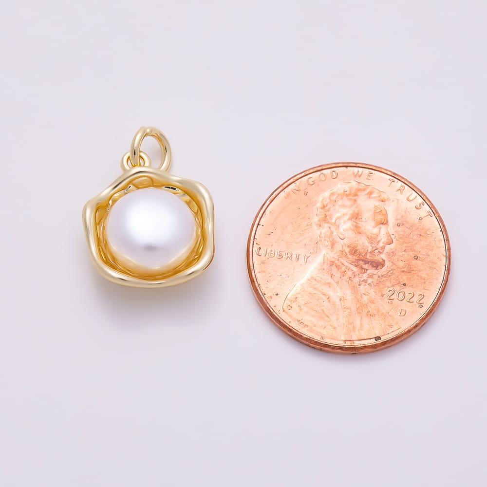 16K Gold Filled 14mm Shell Pearl Irregular Molten Bezel Round Charm in Gold & Silver | Charms-02136 Charms-02137