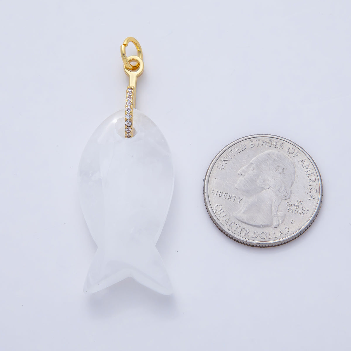 18K Gold Filled 51mm Quartz, Agate, Jasper, Topas Gemstone Fish Charm with CZ Charm  | AK001