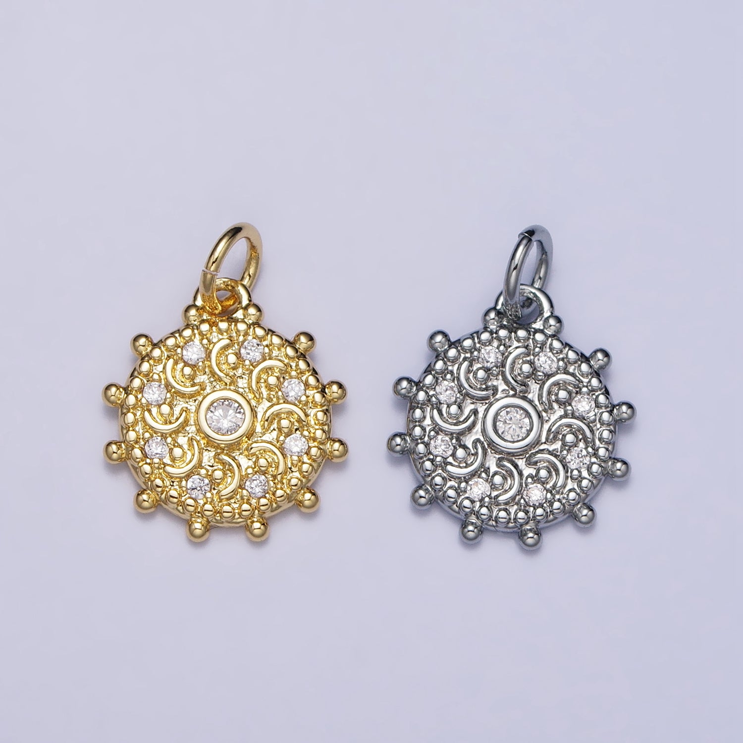 Gold, Silver Clear CZ Celestial Crescent Moon Textured Dotted Outline Round Charm | AC973 AC1009