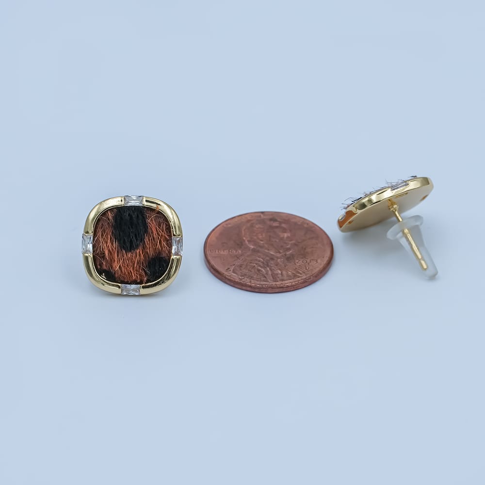 Animal Print Fur Leopard Cheetah Square Bezel With CZ Stone Stud Earrings in Gold & Silver | AE158
