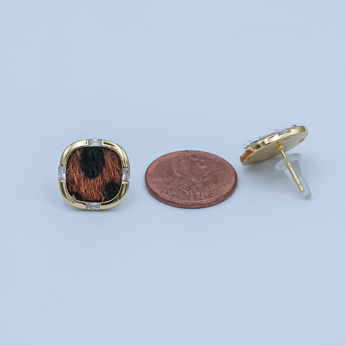 Animal Print Fur Leopard Cheetah Square Bezel With CZ Stone Stud Earrings in Gold & Silver | AE158